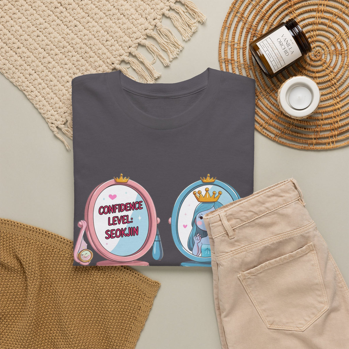 JIN Level Shirt — Cute Pink & Blue Mirrors Graphic Tee ("Comfort Level: Secure")