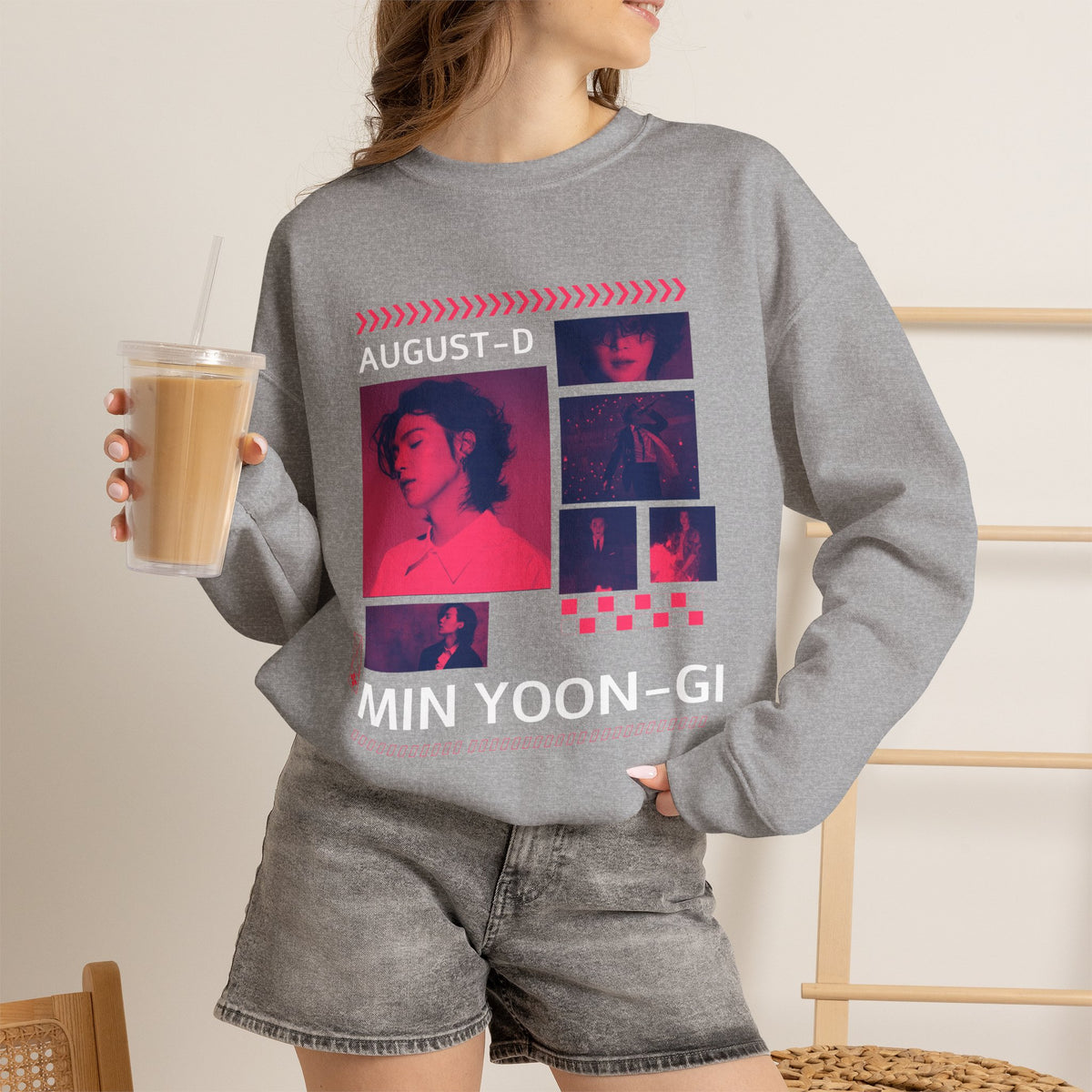 Suga Retro Photo Collage Sweatshirt — Pink Neon Portrait Crewneck