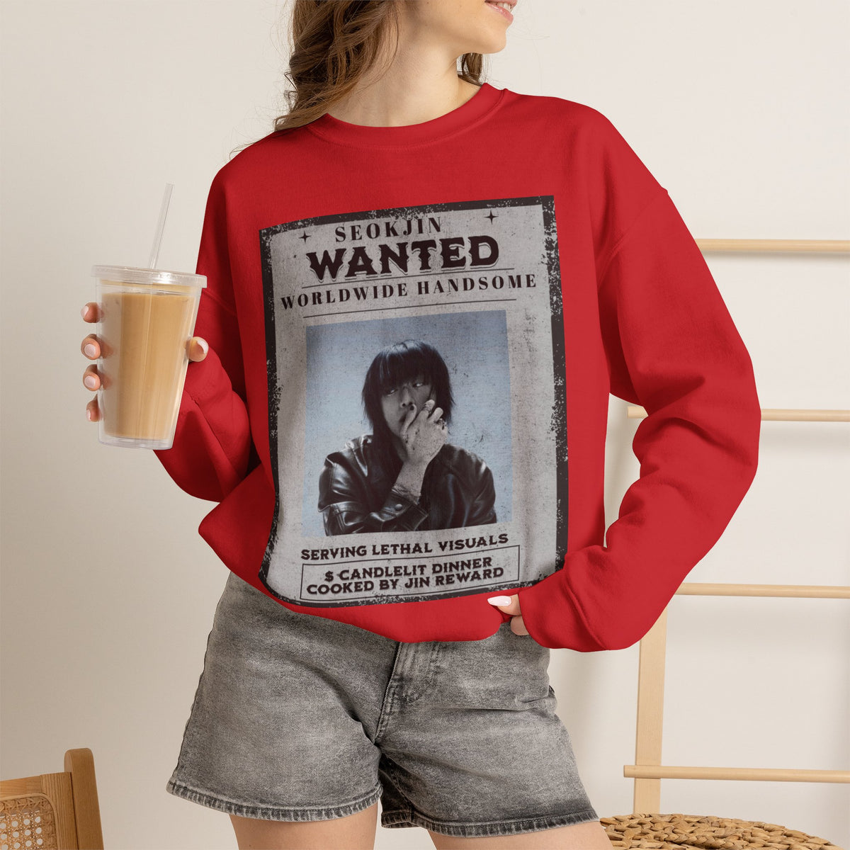 Crewneck Sweatshirt — 'Seojin Wanted: Worldwide Handsome' Vintage Poster Graphic
