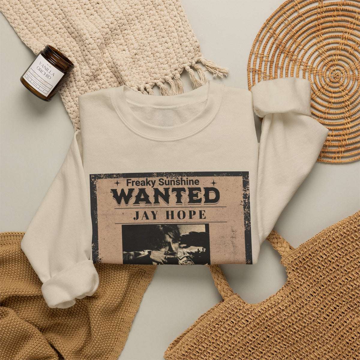 Wanted Poster Crewneck Sweatshirt – 'Freaky Sunshine: WANTED Jay Hope' Retro Graphic