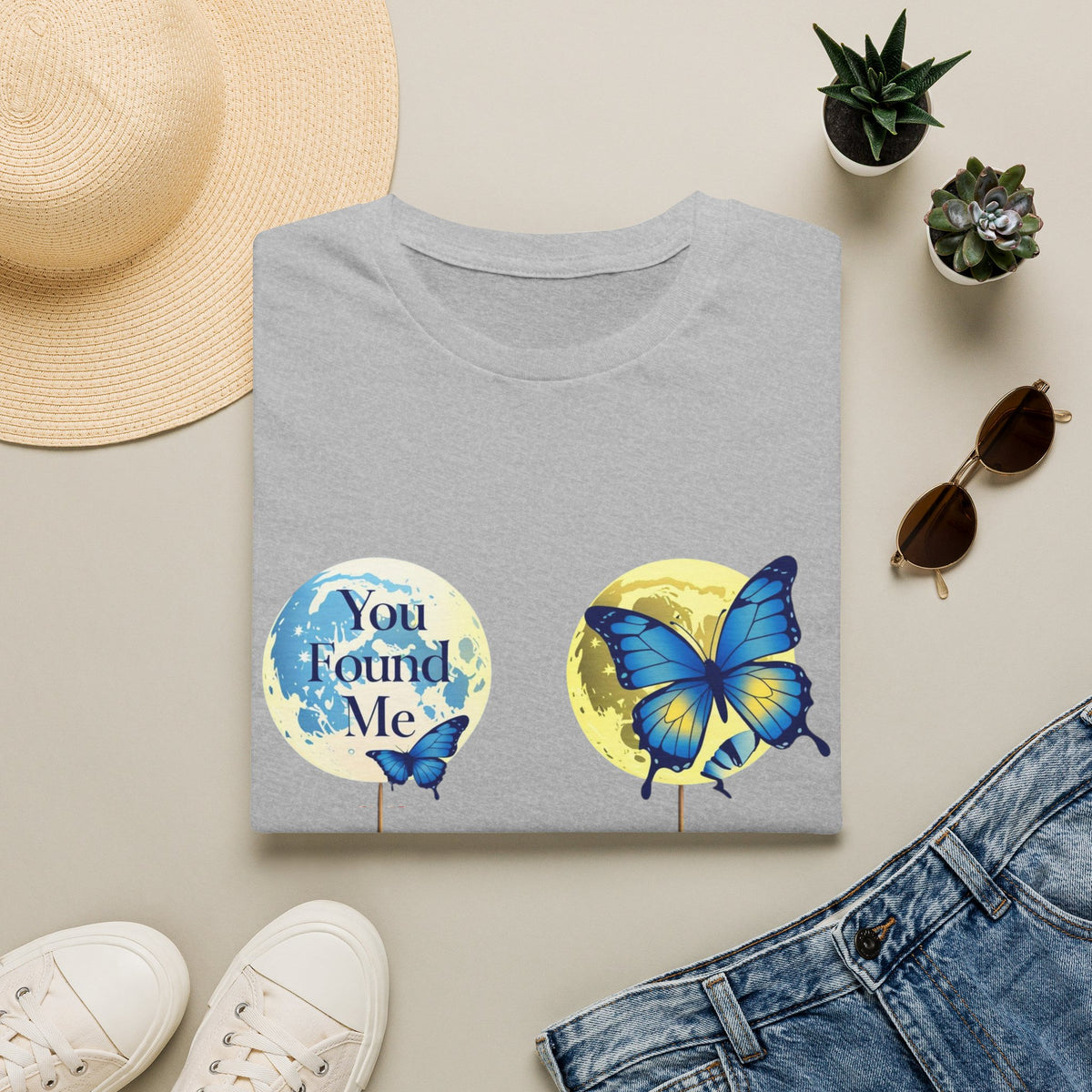 T-Shirt — 'You Found Me' Blue & Yellow Butterfly Graphic