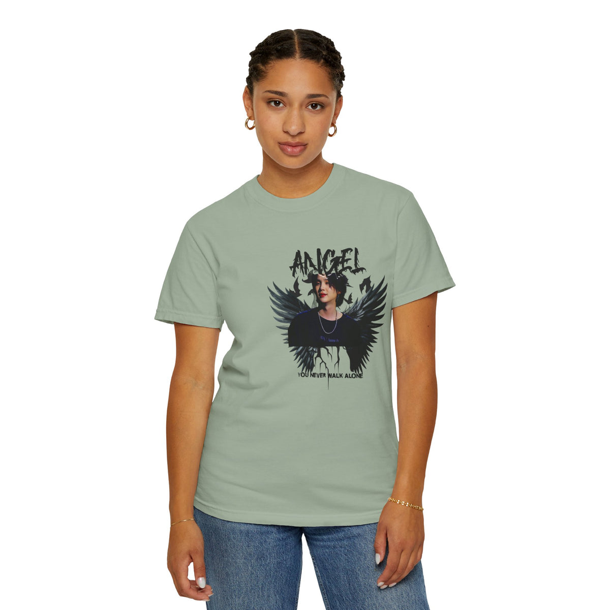Angel Wings Graphic T-Shirt — 'Angel' Photo Tee with Dark Wing Illustration