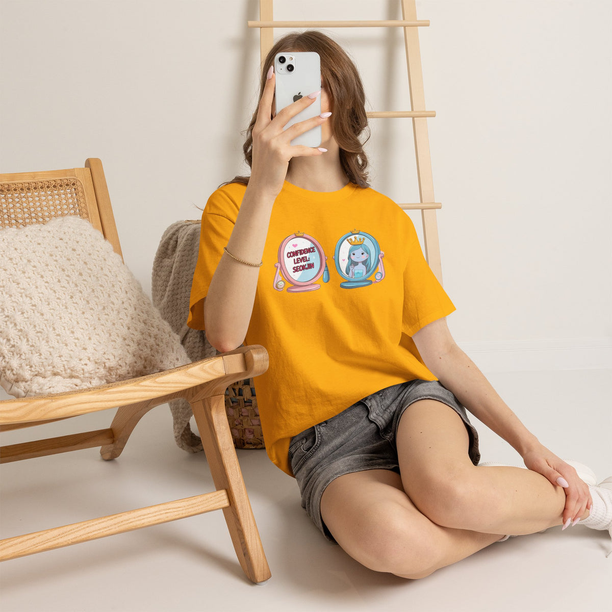 JIN Level Shirt — Cute Pink & Blue Mirrors Graphic Tee ("Comfort Level: Secure")