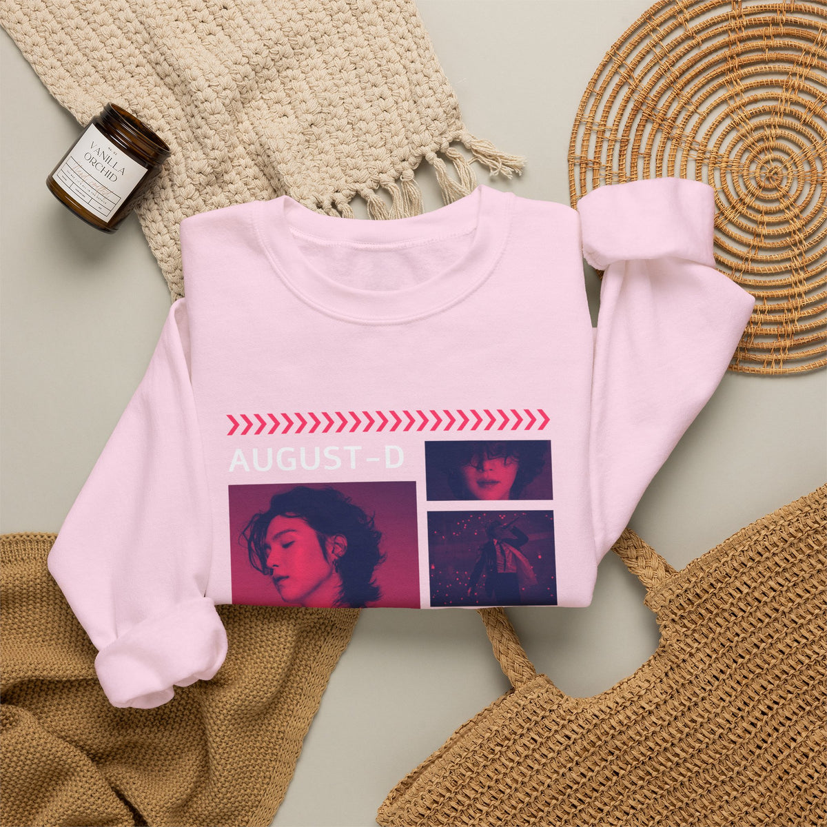 Suga Retro Photo Collage Sweatshirt — Pink Neon Portrait Crewneck