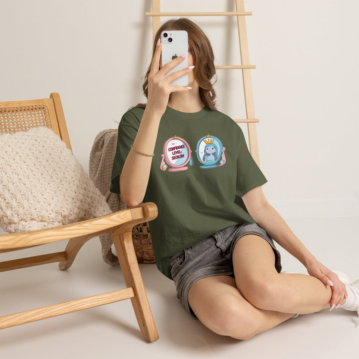 JIN Level Shirt — Cute Pink & Blue Mirrors Graphic Tee ("Comfort Level: Secure")