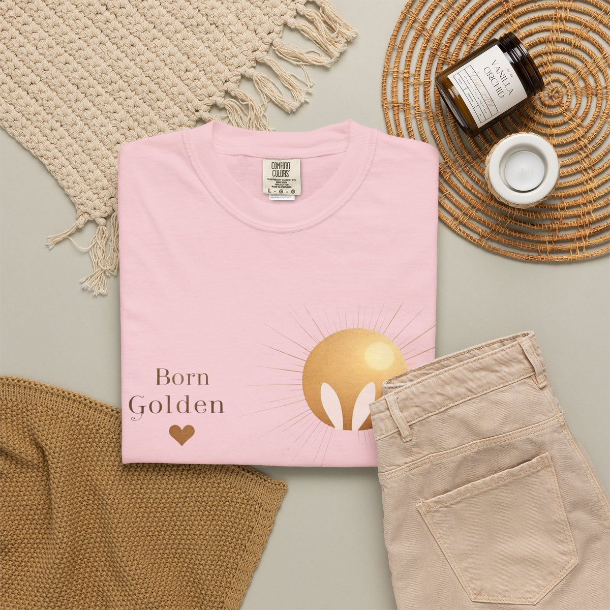 JK Born Golden Tee — Minimal Sun Badge Graphic T-Shirt