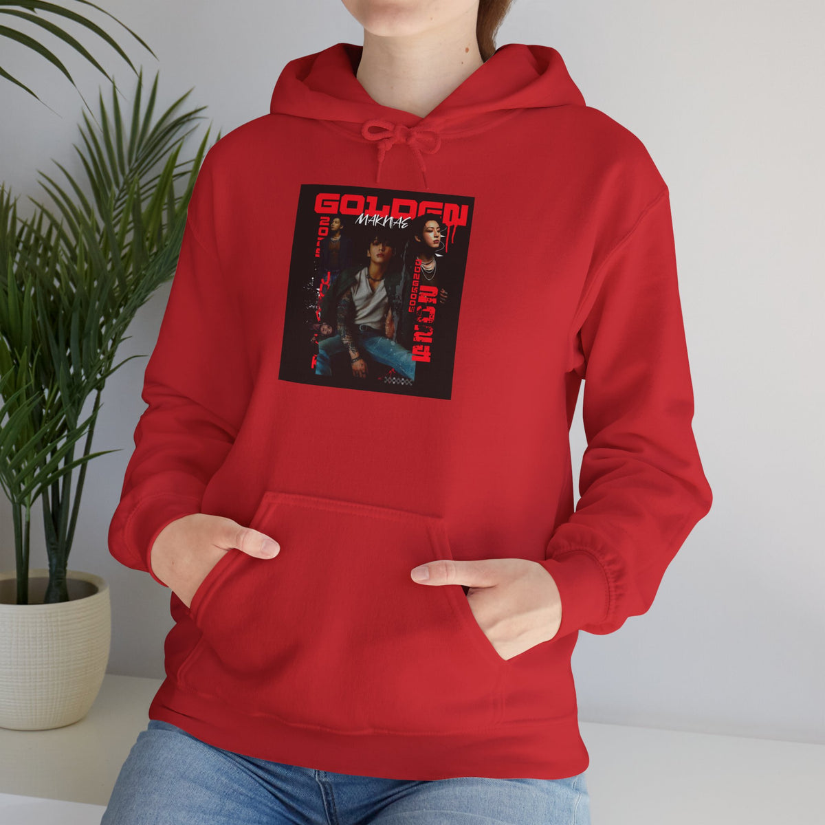 JK Hoodie - 'GOLDEN MAKNAE' Portrait Graphic Hoodie (Red Noir Band Art)
