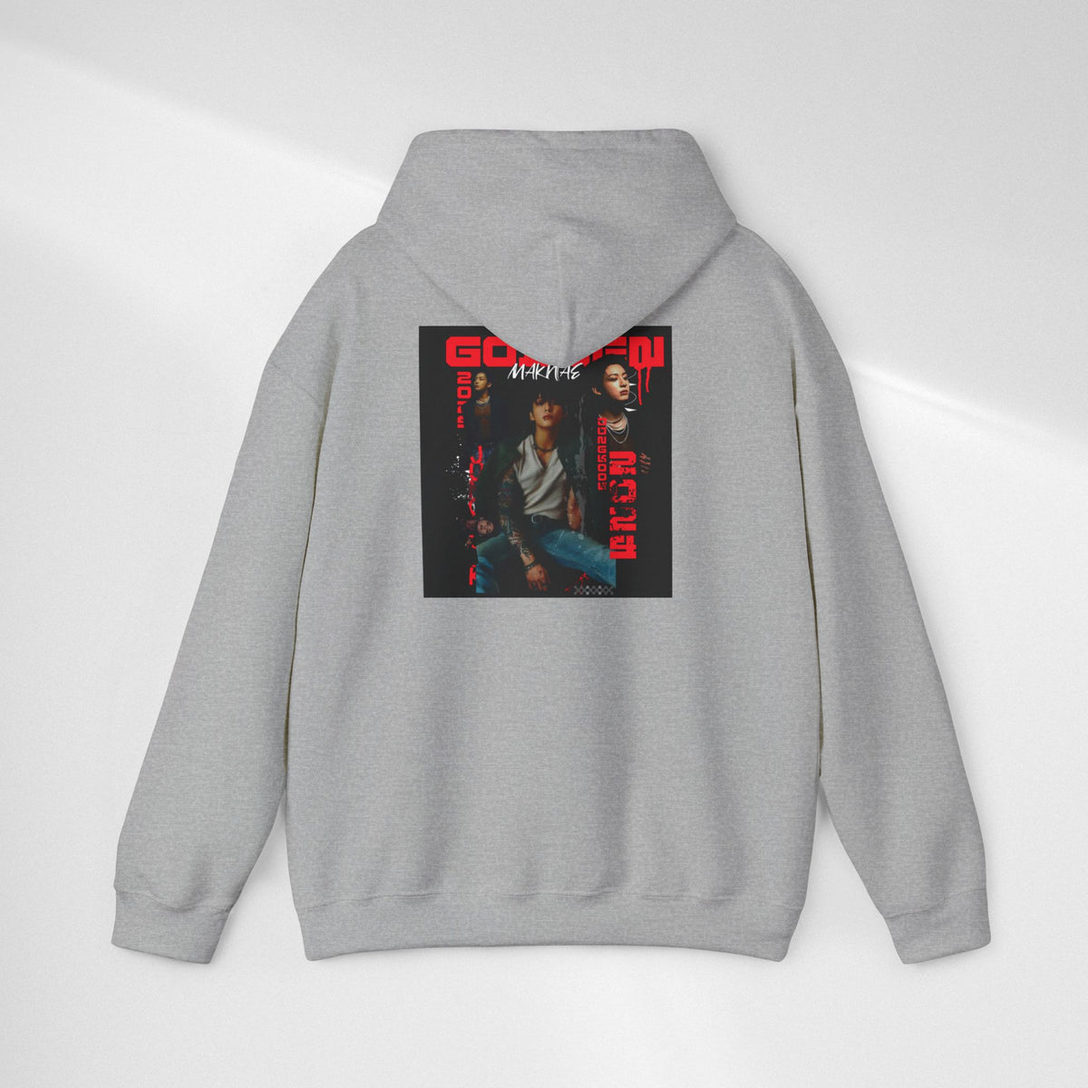 JK Hoodie - 'GOLDEN MAKNAE' Portrait Graphic Hoodie (Red Noir Band Art)
