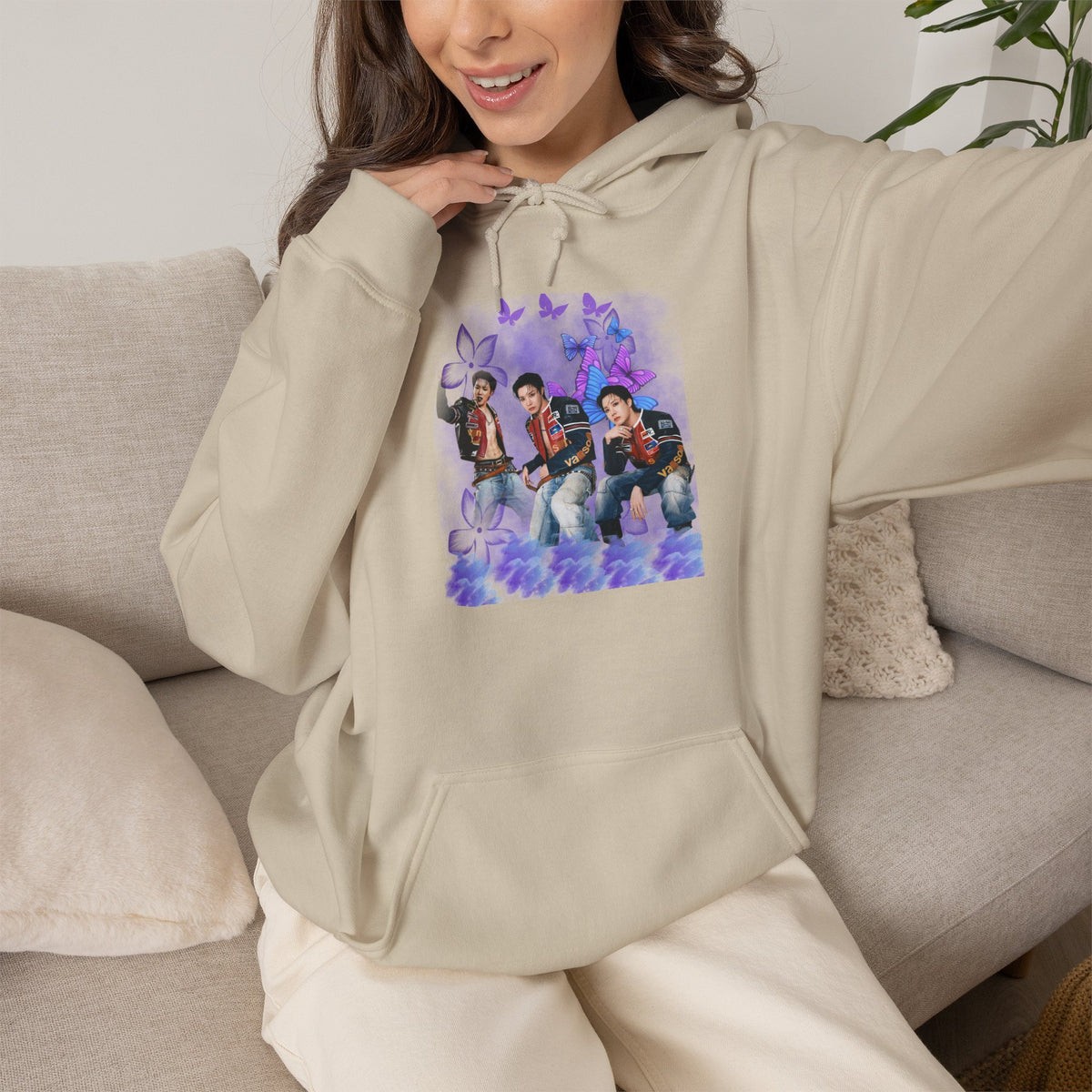 JHOPE Photo Hoodie — Purple Watercolor Floral Crew Sweatshirt