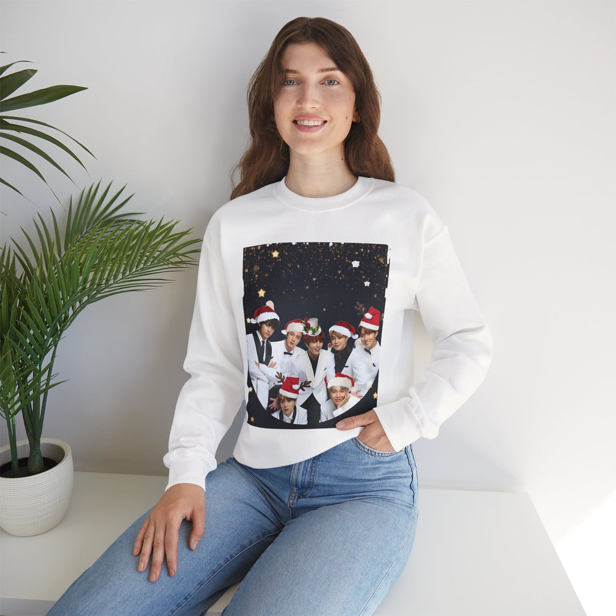 BTS Holiday Crewneck Sweatshirt — Festive Group Photo Design