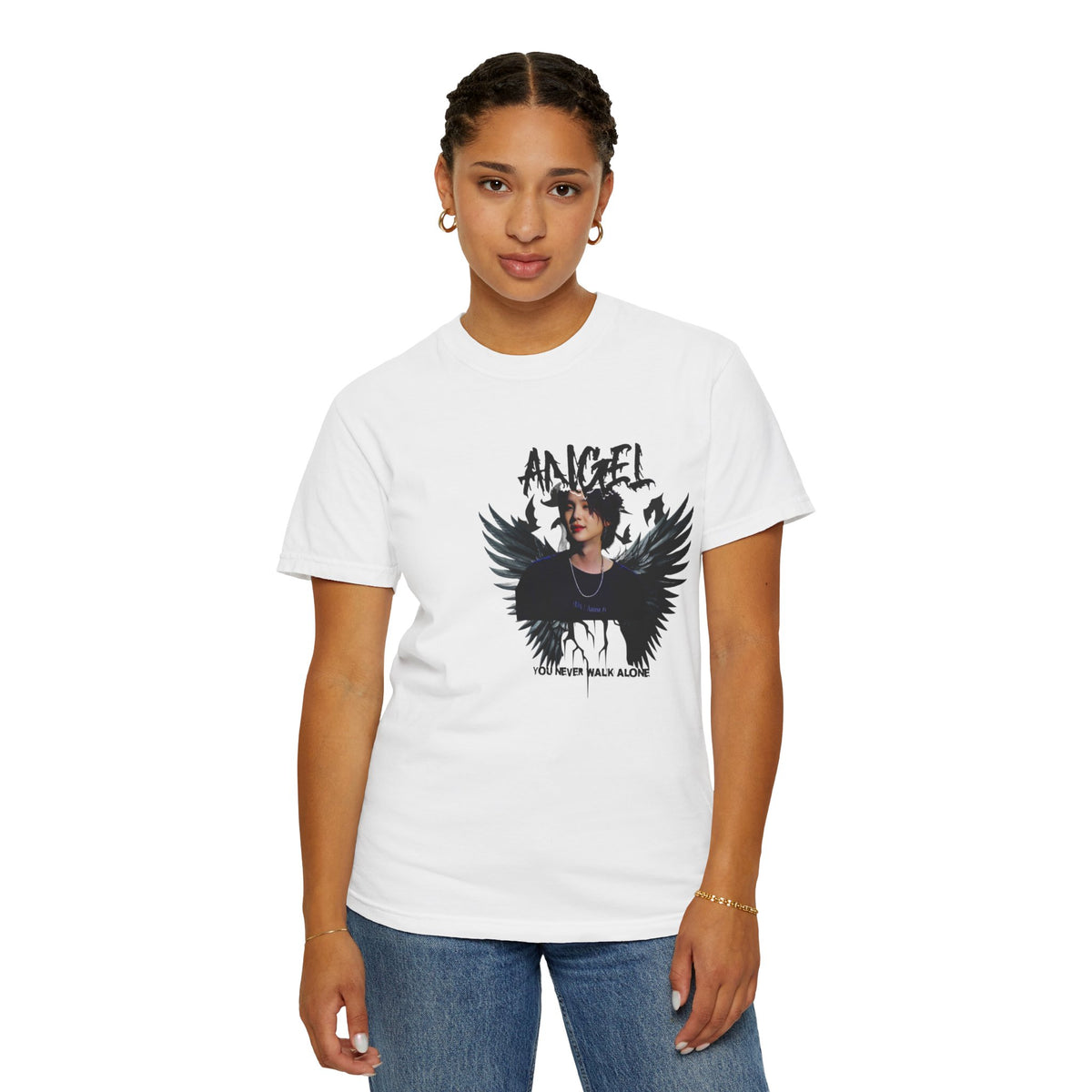 Angel Wings Graphic T-Shirt — 'Angel' Photo Tee with Dark Wing Illustration