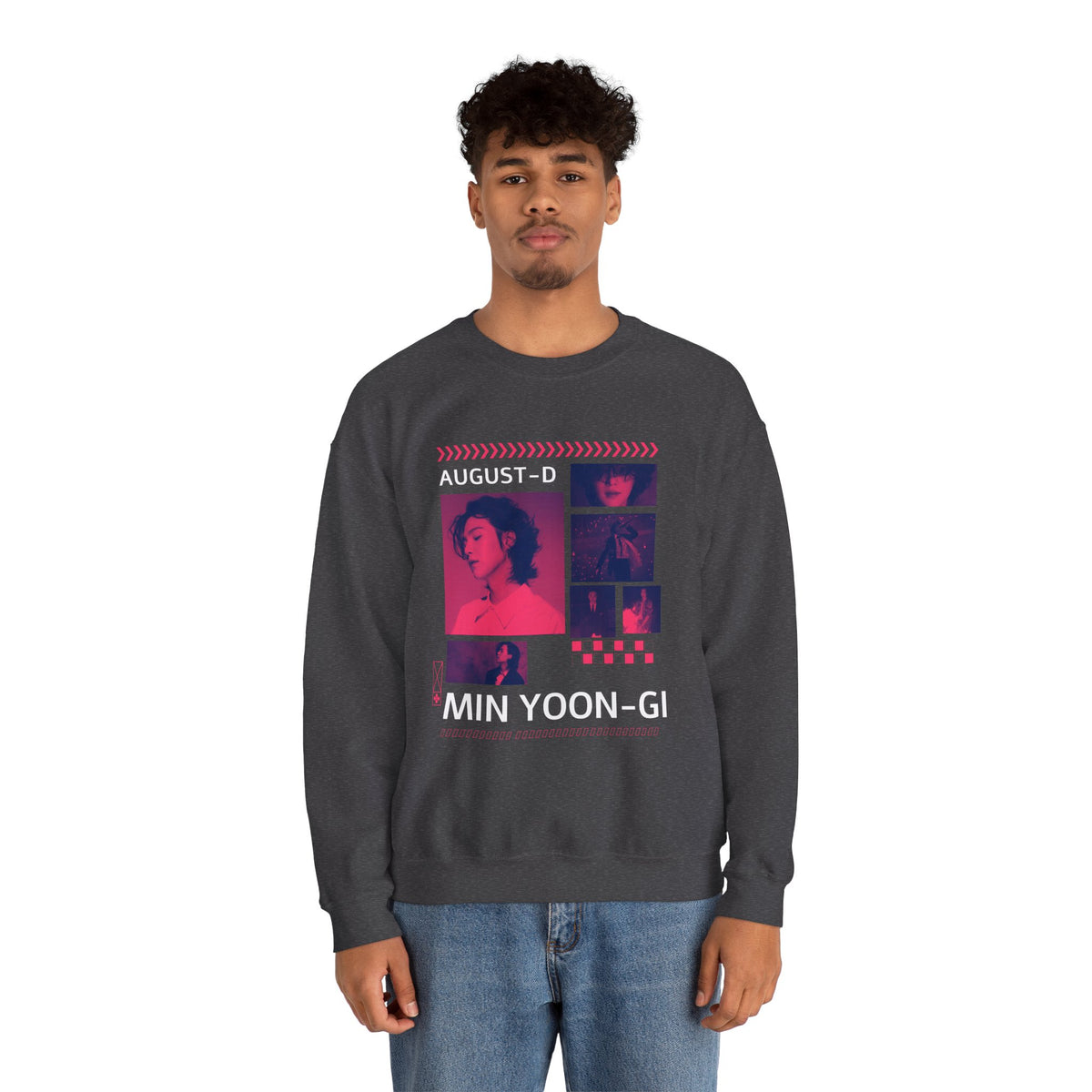 Suga Retro Photo Collage Sweatshirt — Pink Neon Portrait Crewneck