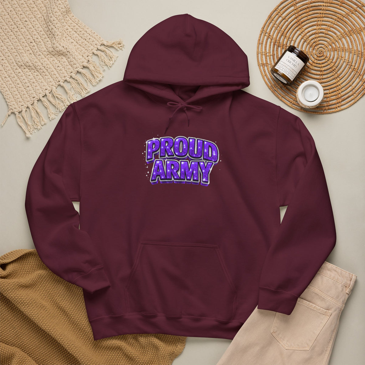 Proud Army Hoodie — Bold Purple Graphic  Pullover