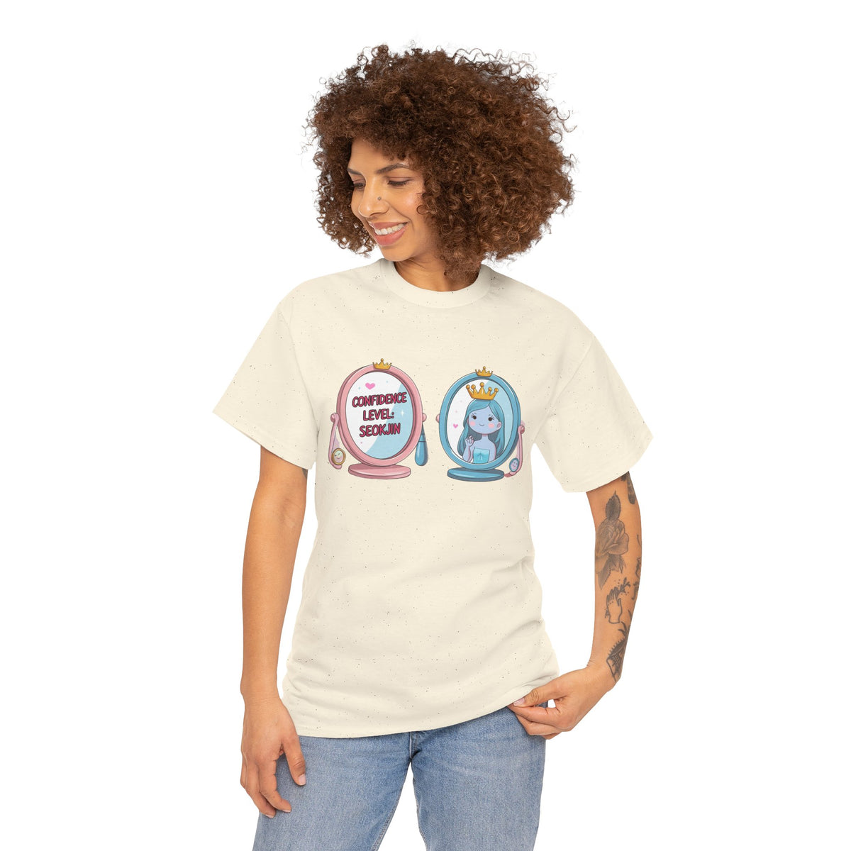 JIN Level Shirt — Cute Pink & Blue Mirrors Graphic Tee ("Comfort Level: Secure")