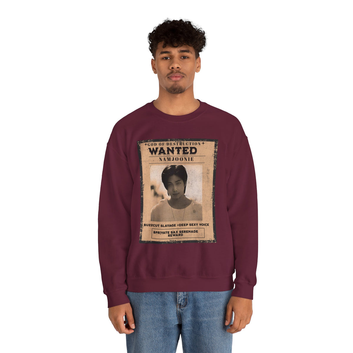 Wanted Poster Crewneck Sweatshirt — 'Wanted: Namjoonie' Vintage K-Pop Graphic