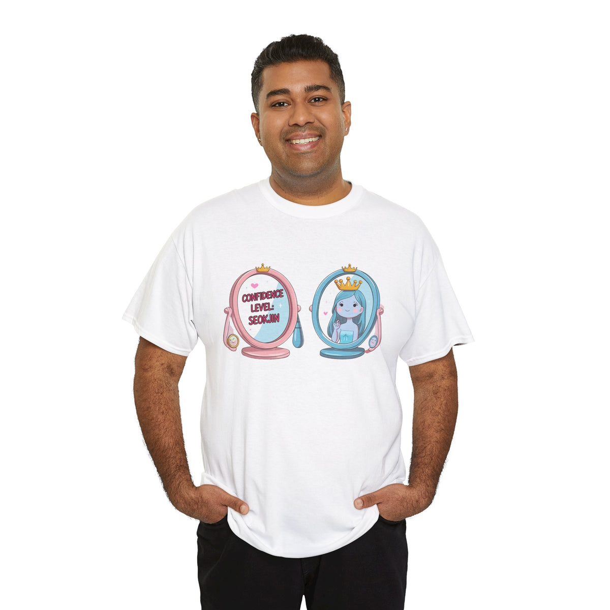 JIN Level Shirt — Cute Pink & Blue Mirrors Graphic Tee ("Comfort Level: Secure")