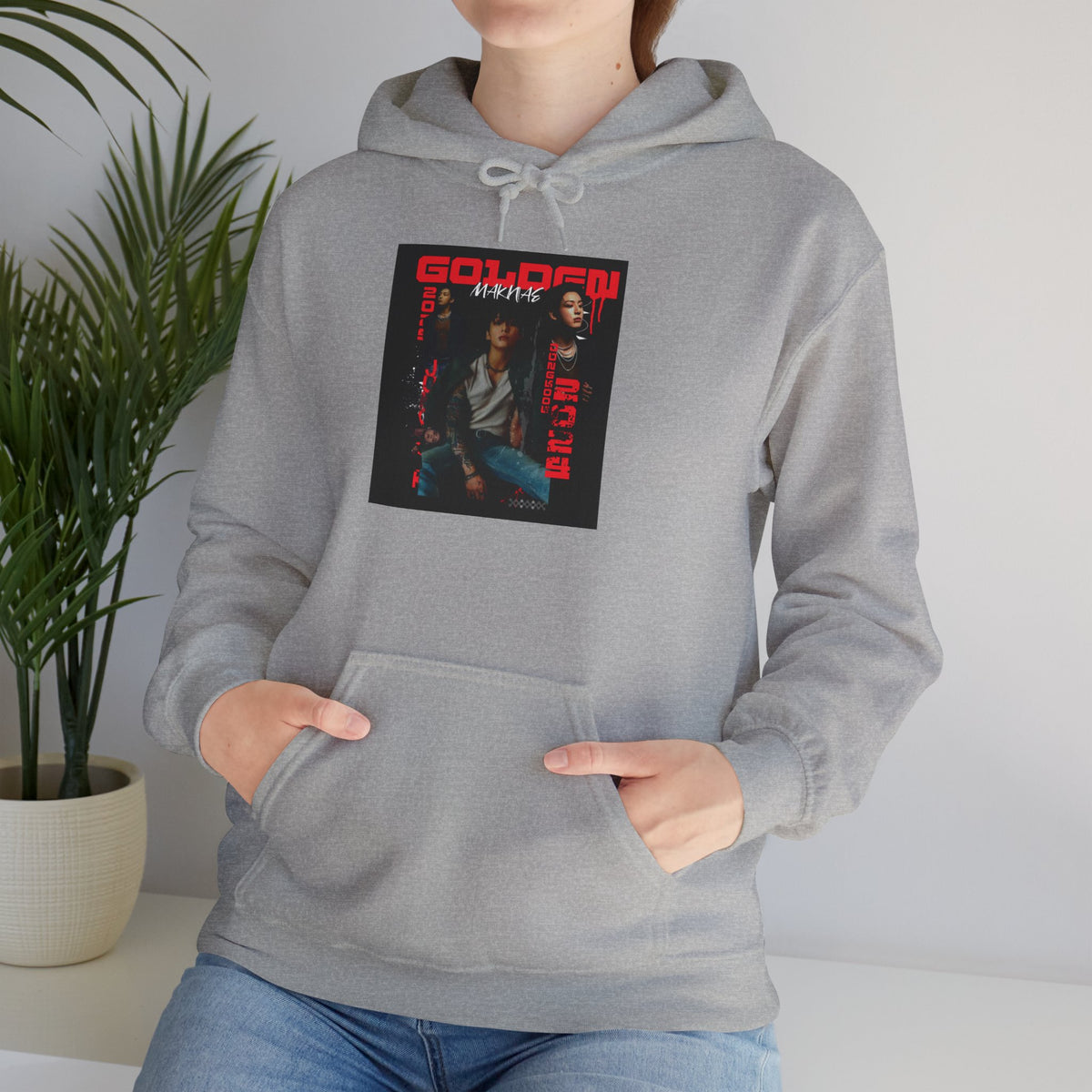 JK Hoodie - 'GOLDEN MAKNAE' Portrait Graphic Hoodie (Red Noir Band Art)