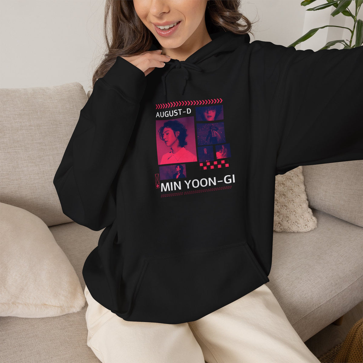Suga Photo Collage Hoodie — Retro Pink Portraits Grid Design
