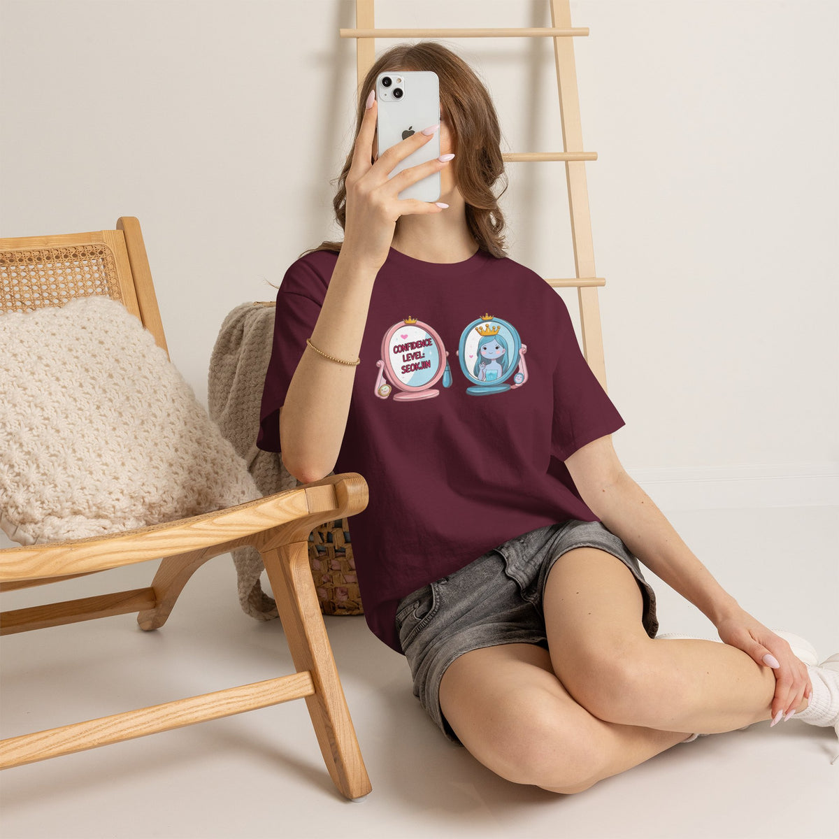 JIN Level Shirt — Cute Pink & Blue Mirrors Graphic Tee ("Comfort Level: Secure")