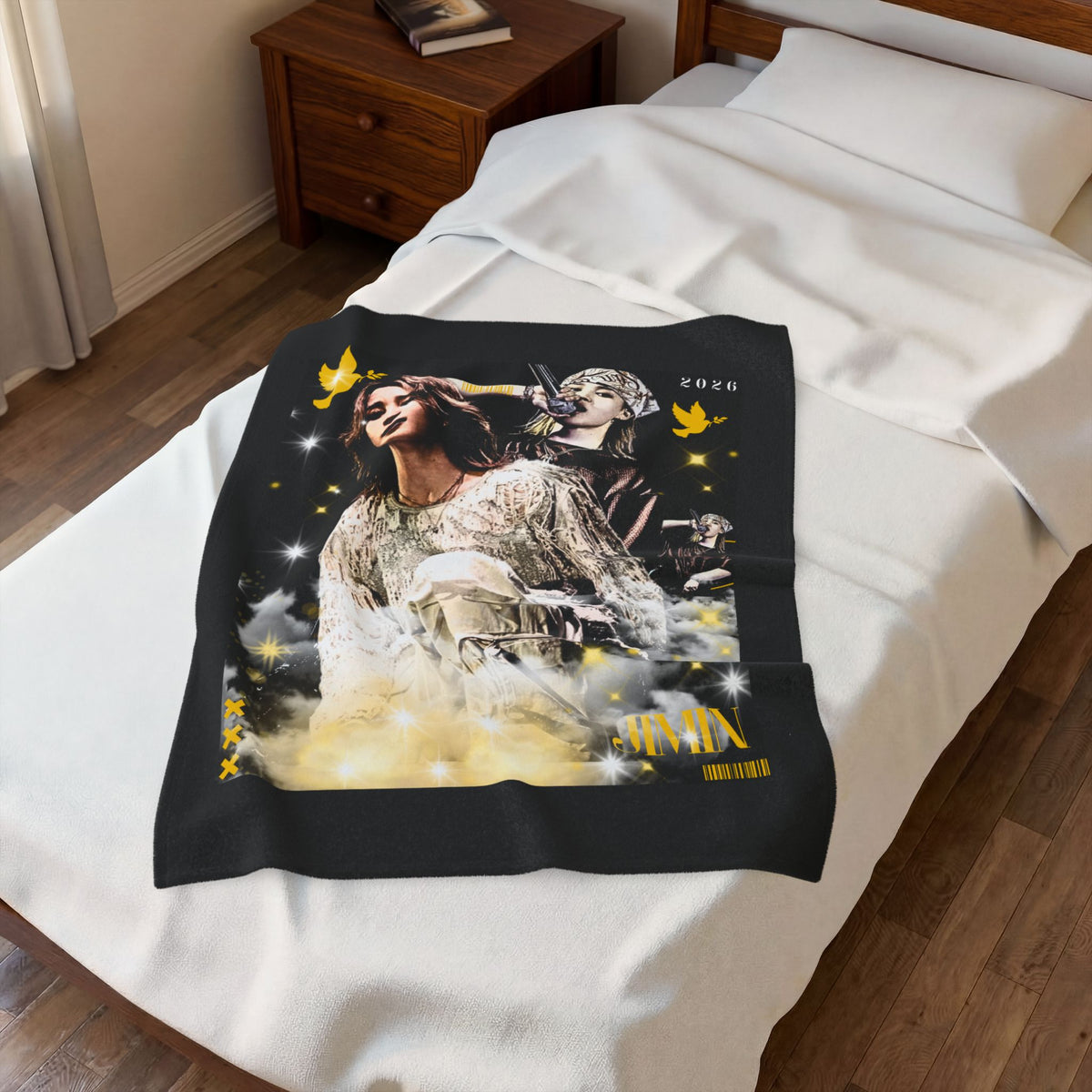Jimin Velveteen Plush Blanket — Vintage Concert Collage Throw (Singer Portrait)