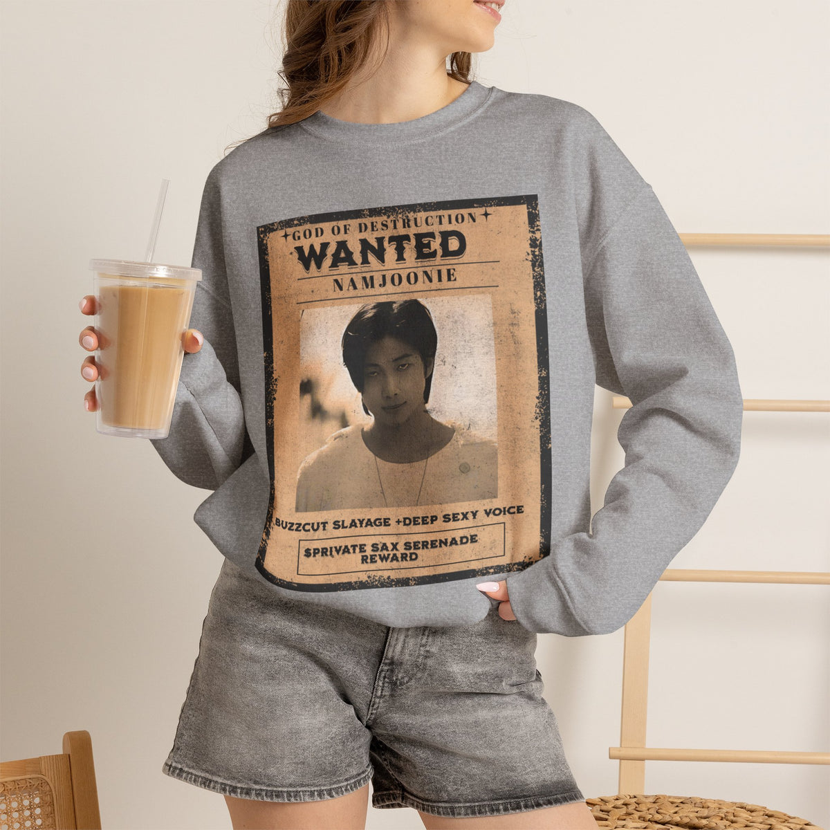 Wanted Poster Crewneck Sweatshirt — 'Wanted: Namjoonie' Vintage K-Pop Graphic