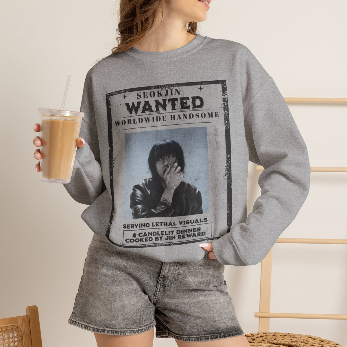 Crewneck Sweatshirt — 'Seojin Wanted: Worldwide Handsome' Vintage Poster Graphic