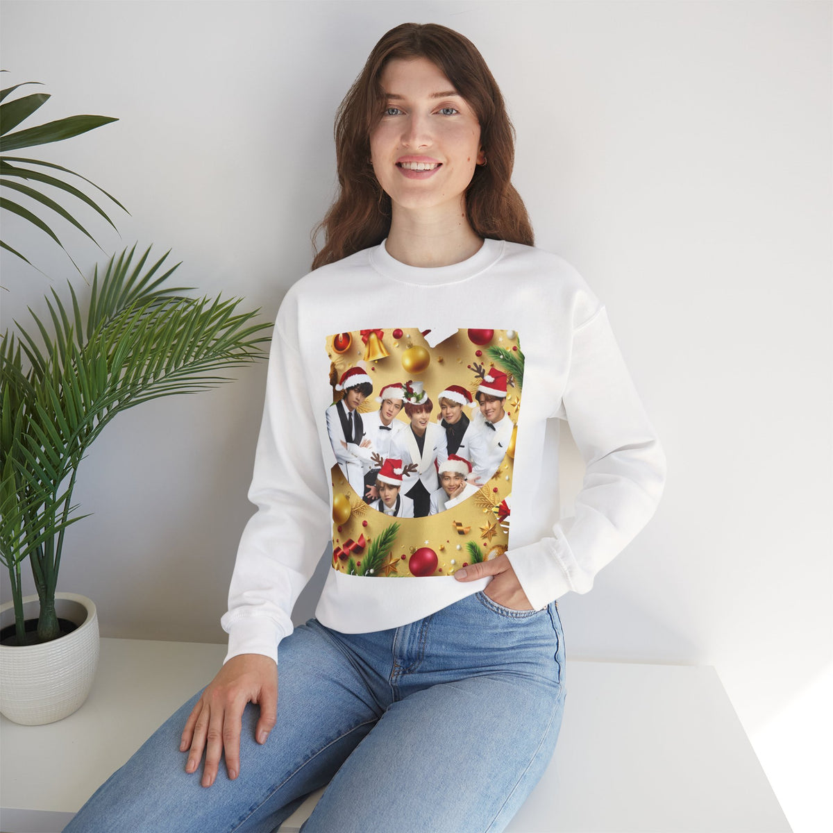 BTS Group Holiday Crewneck Sweatshirt — Festive Santa Hats Photo Design