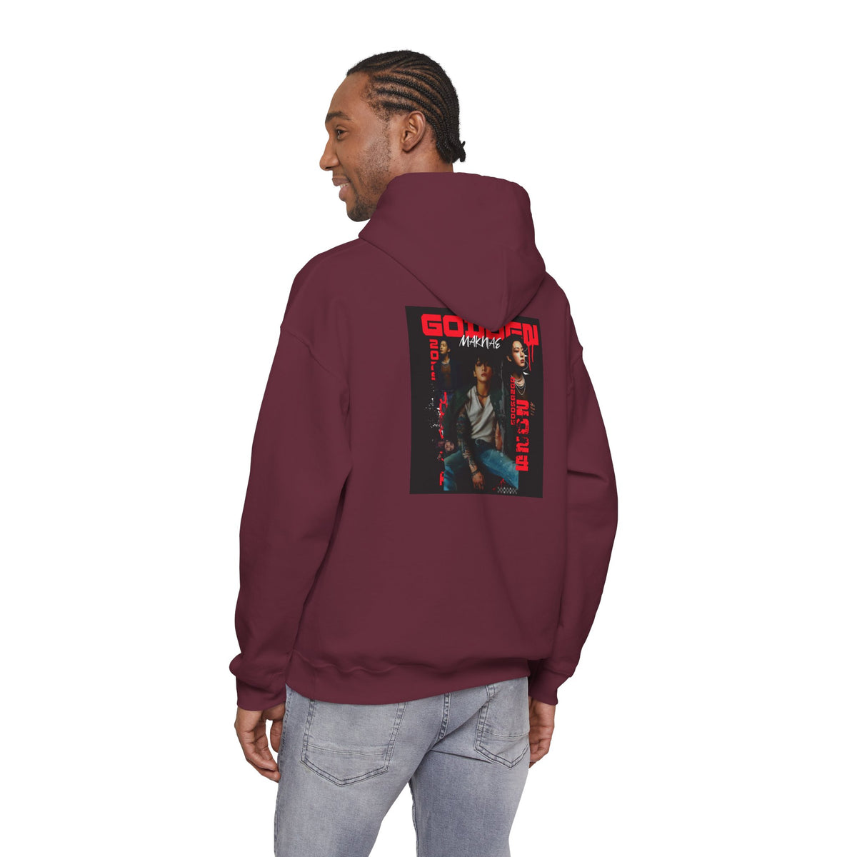 JK Hoodie - 'GOLDEN MAKNAE' Portrait Graphic Hoodie (Red Noir Band Art)