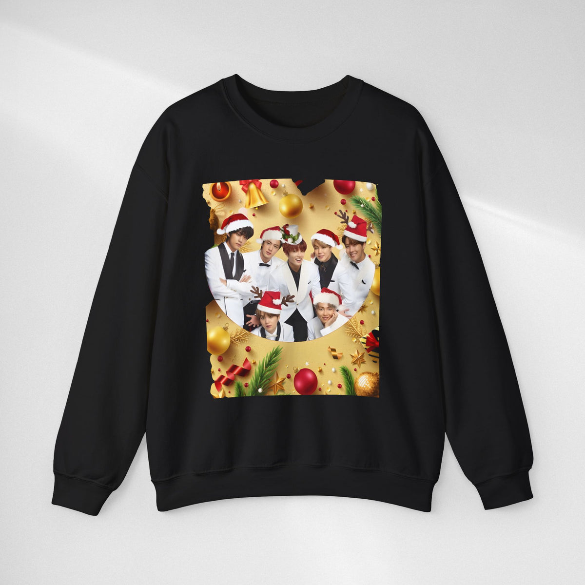 BTS Group Holiday Crewneck Sweatshirt — Festive Santa Hats Photo Design