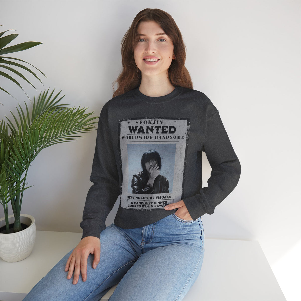 Crewneck Sweatshirt — 'Seojin Wanted: Worldwide Handsome' Vintage Poster Graphic