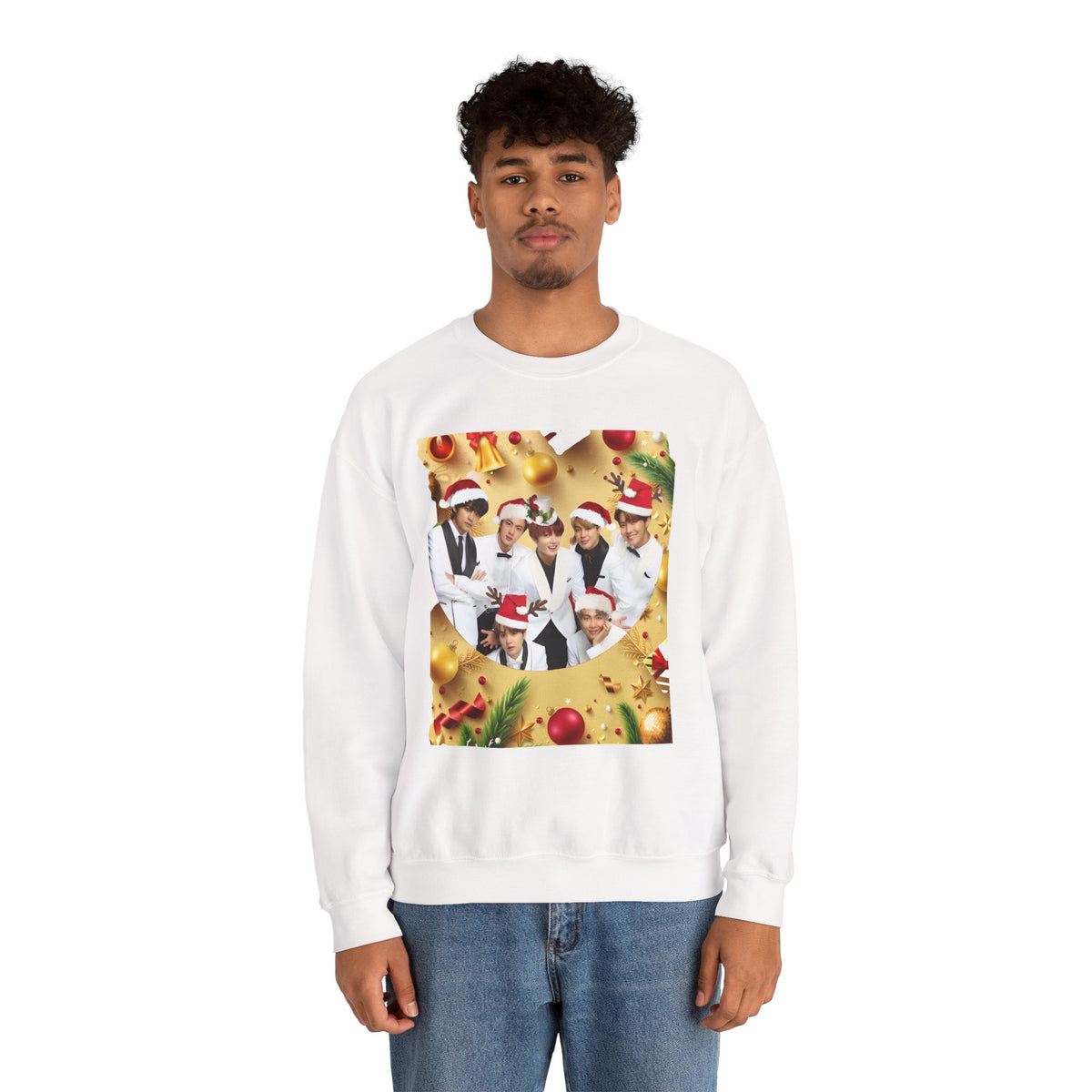 BTS Group Holiday Crewneck Sweatshirt — Festive Santa Hats Photo Design