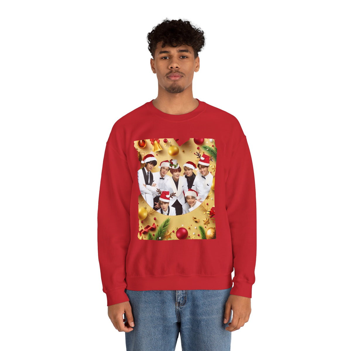 BTS Group Holiday Crewneck Sweatshirt — Festive Santa Hats Photo Design