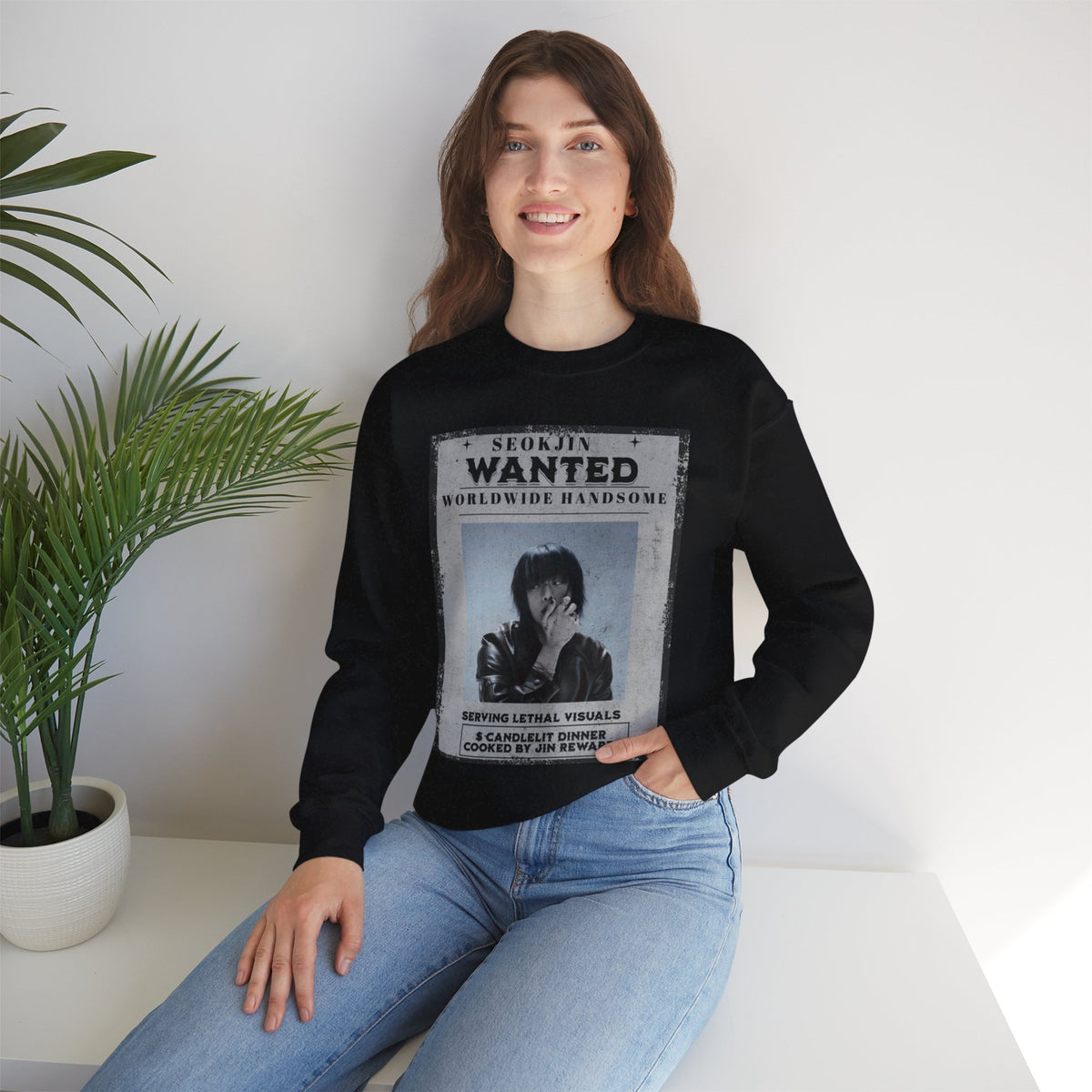 Crewneck Sweatshirt — 'Seojin Wanted: Worldwide Handsome' Vintage Poster Graphic
