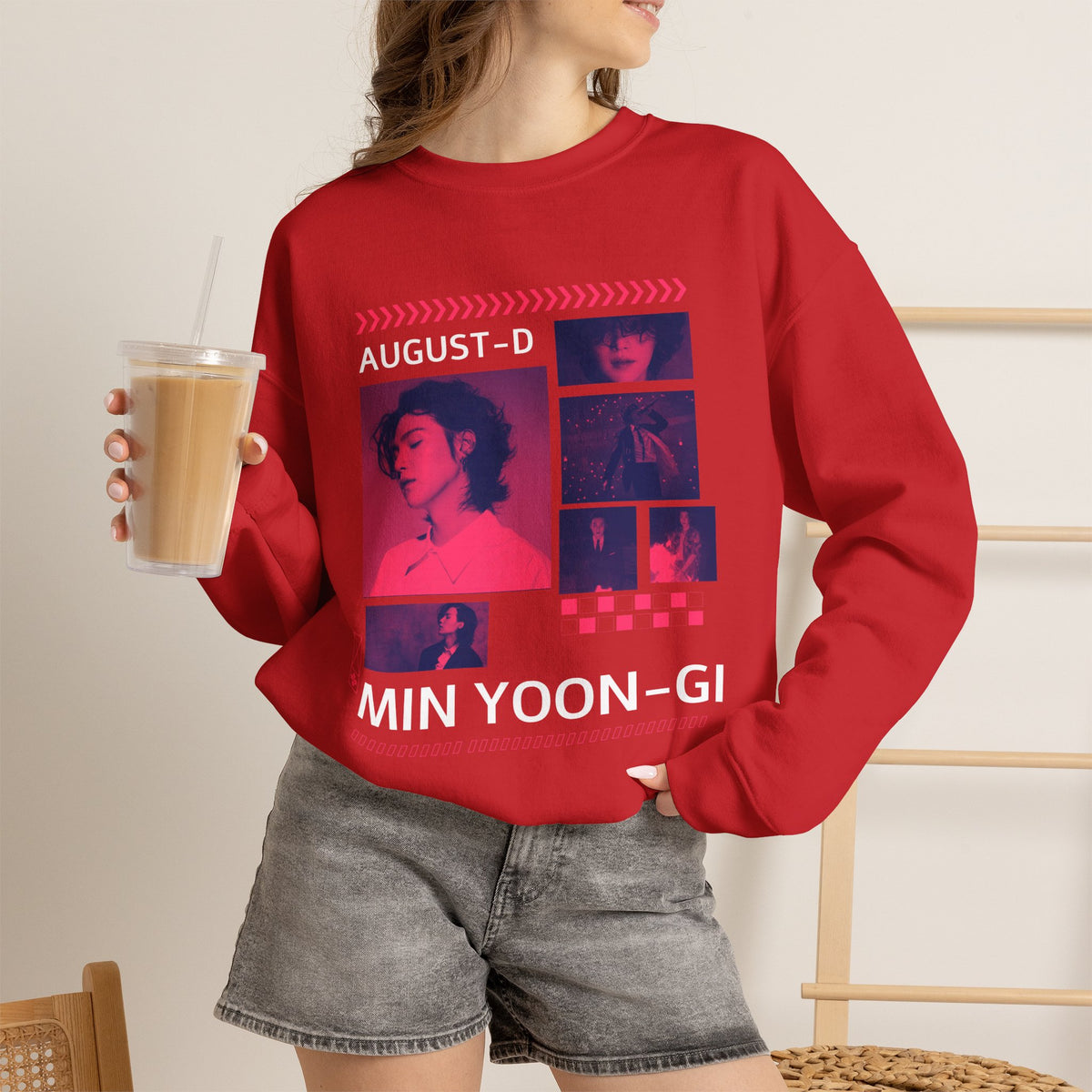 Suga Retro Photo Collage Sweatshirt — Pink Neon Portrait Crewneck