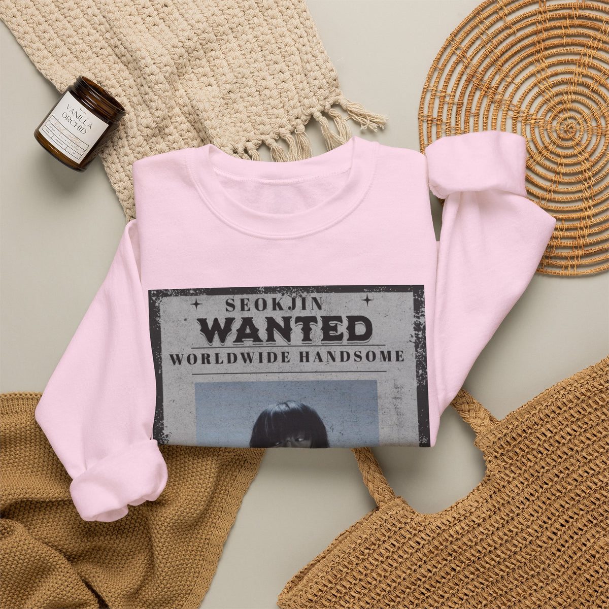 Crewneck Sweatshirt — 'Seojin Wanted: Worldwide Handsome' Vintage Poster Graphic