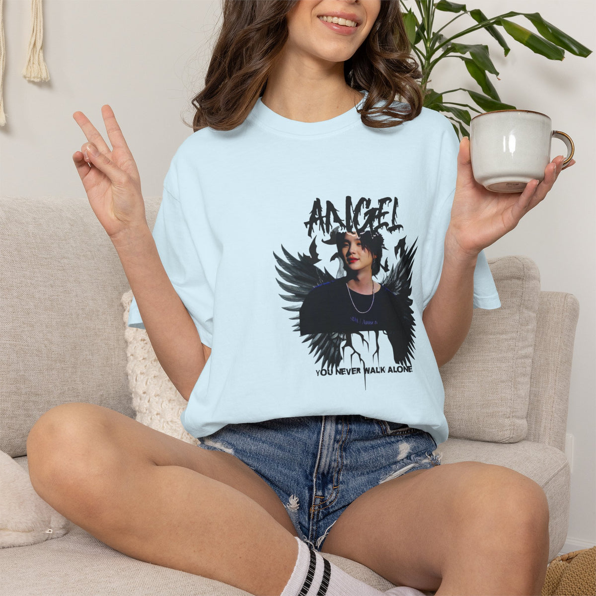 Angel Wings Graphic T-Shirt — 'Angel' Photo Tee with Dark Wing Illustration
