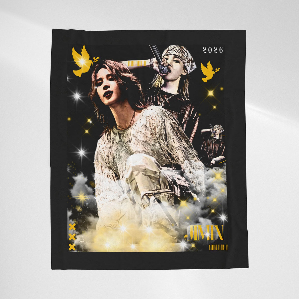 Jimin Velveteen Plush Blanket — Vintage Concert Collage Throw (Singer Portrait)