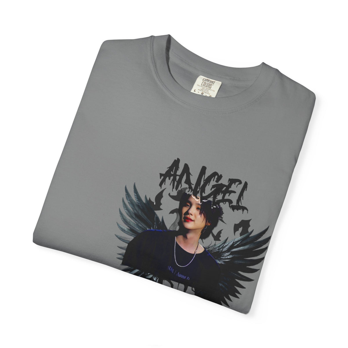 Angel Wings Graphic T-Shirt — 'Angel' Photo Tee with Dark Wing Illustration