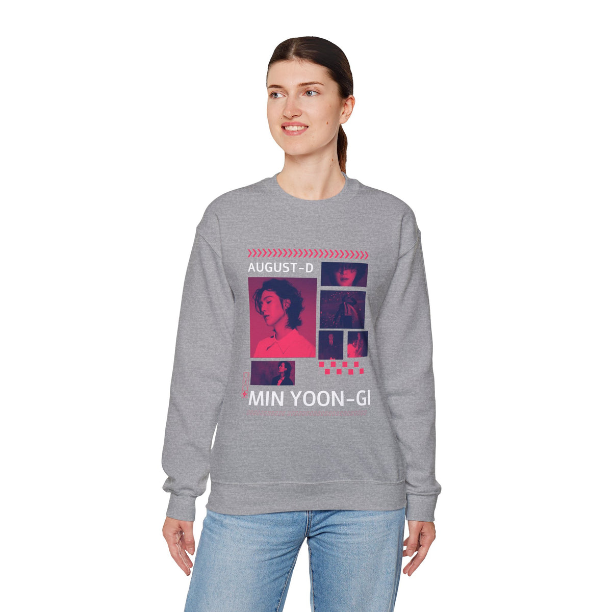 Suga Retro Photo Collage Sweatshirt — Pink Neon Portrait Crewneck