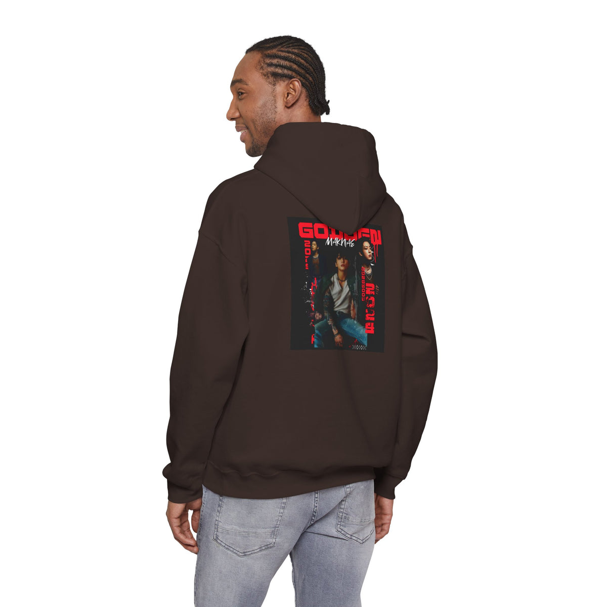 JK Hoodie - 'GOLDEN MAKNAE' Portrait Graphic Hoodie (Red Noir Band Art)