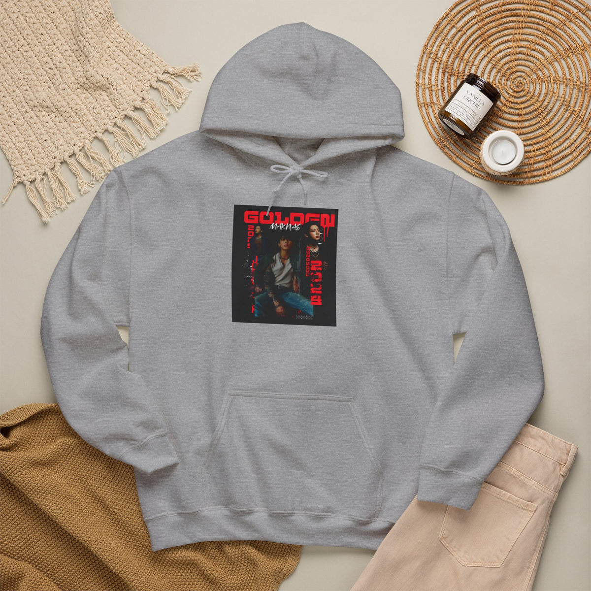 JK Hoodie - 'GOLDEN MAKNAE' Portrait Graphic Hoodie (Red Noir Band Art)