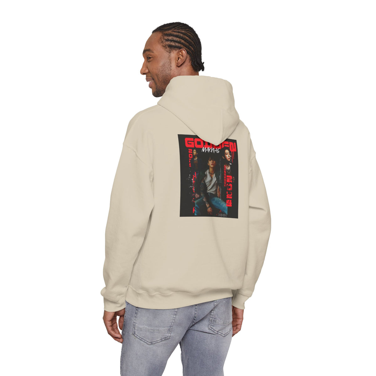 JK Hoodie - 'GOLDEN MAKNAE' Portrait Graphic Hoodie (Red Noir Band Art)