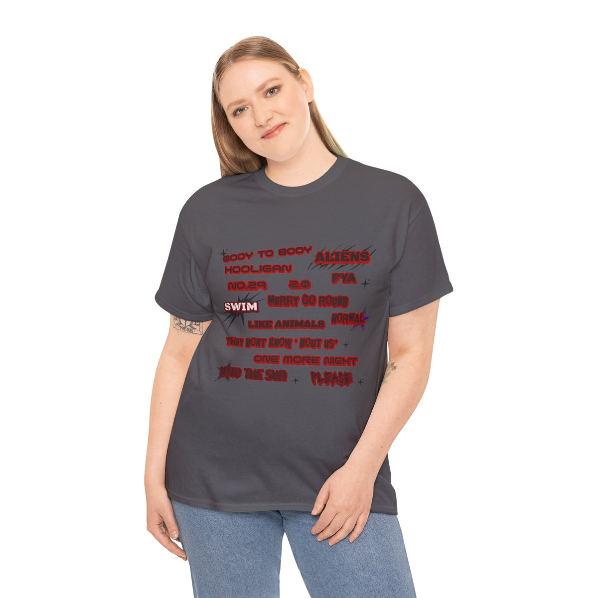 BTS ARIRANG Graphic Tee — Distorted Red Text Band Shirt