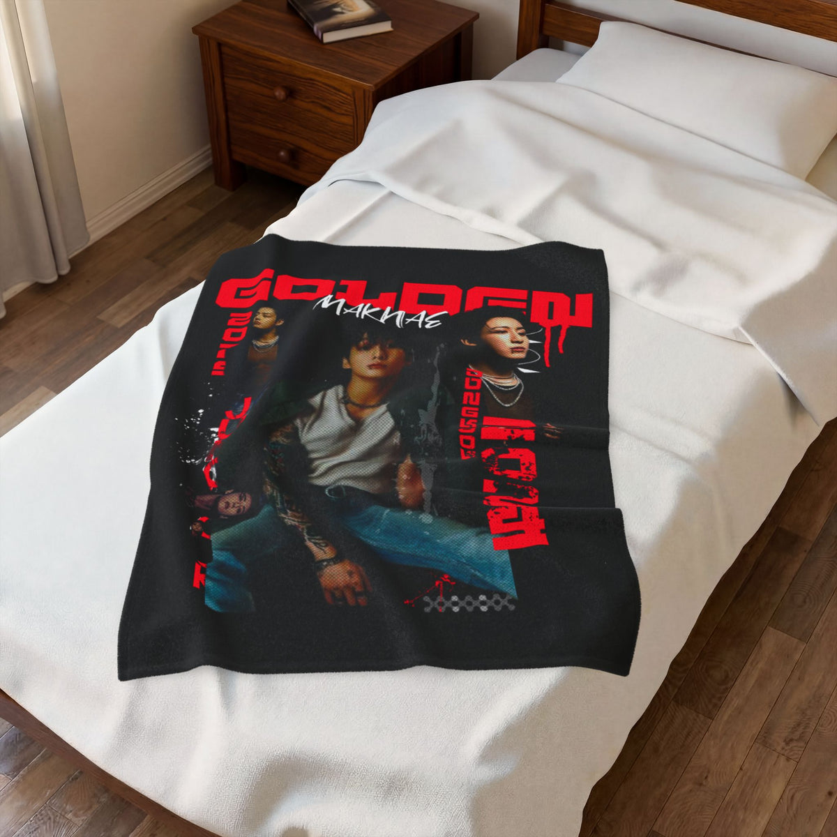 Jungkook Band Velveteen Plush Blanket – 'Golden' Graphic Throw