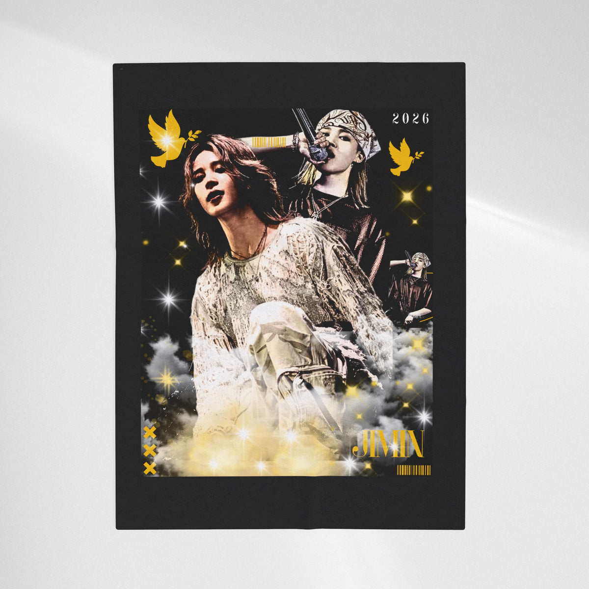 Jimin Velveteen Plush Blanket — Vintage Concert Collage Throw (Singer Portrait)