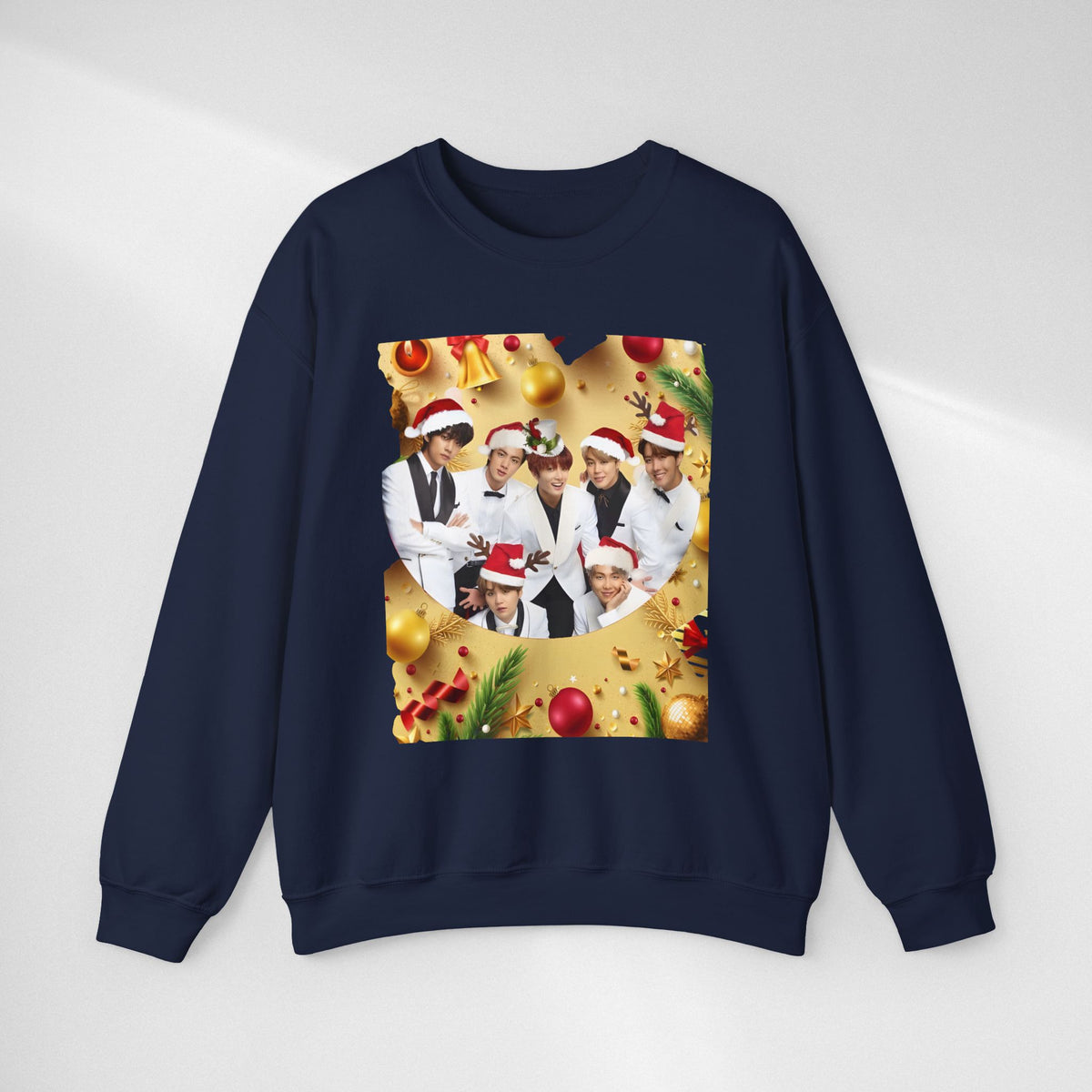 BTS Group Holiday Crewneck Sweatshirt — Festive Santa Hats Photo Design