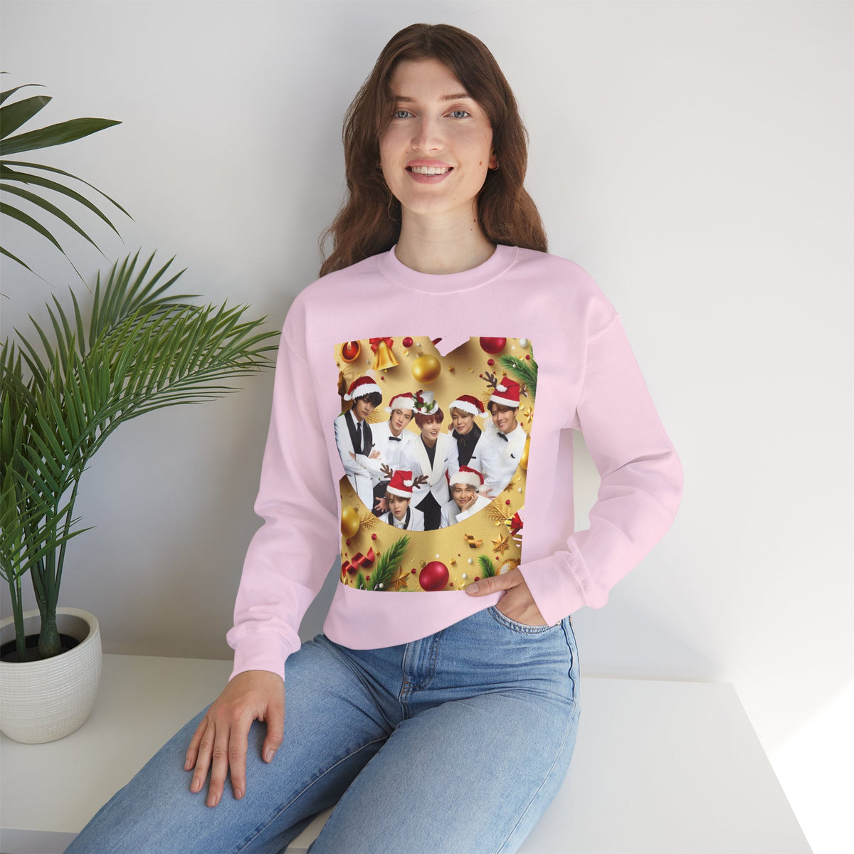 BTS Group Holiday Crewneck Sweatshirt — Festive Santa Hats Photo Design