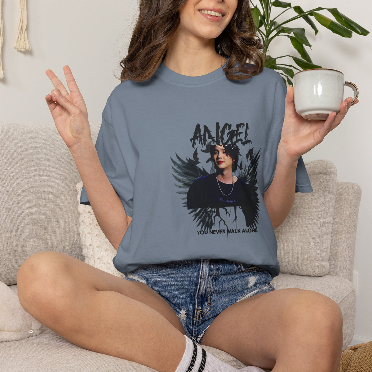 Angel Wings Graphic T-Shirt — 'Angel' Photo Tee with Dark Wing Illustration