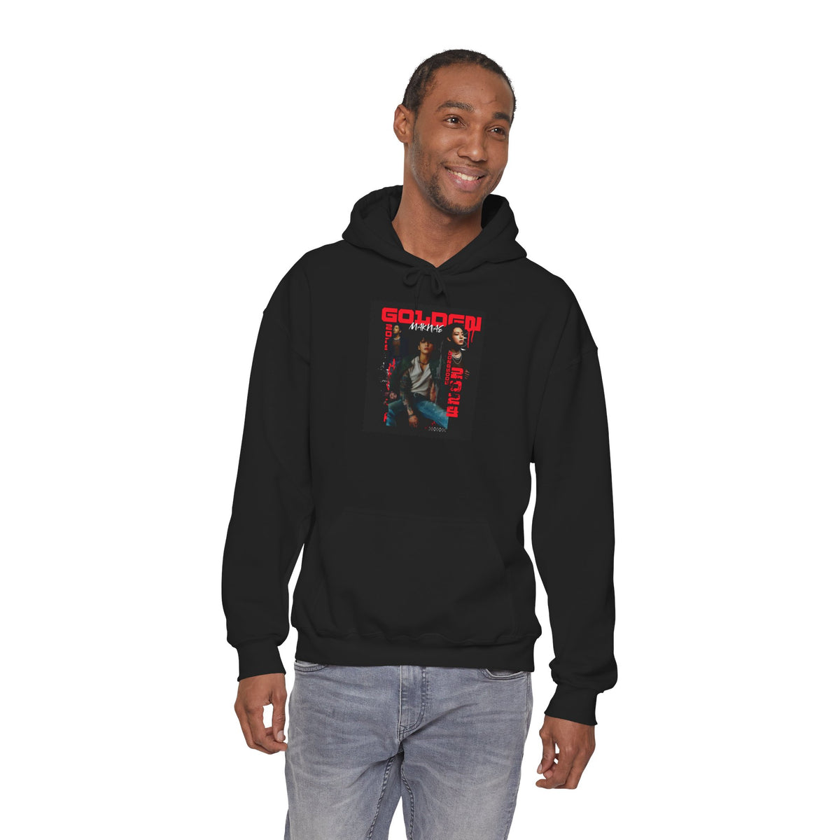 JK Hoodie - 'GOLDEN MAKNAE' Portrait Graphic Hoodie (Red Noir Band Art)