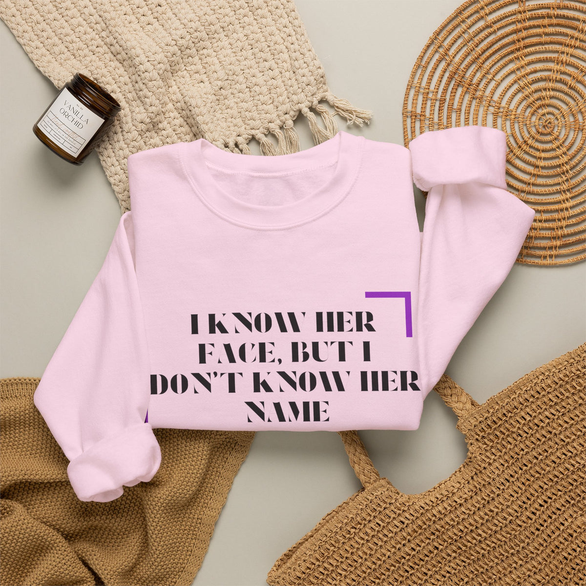 Crewneck Sweatshirt — “I Know Her Face, But I Don’t Know Her Name” Minimal Graphic